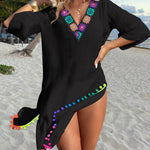 Women's V Neck Beach Cover Up Pom Pom Trim Side Slit Sheer Caftan Causal Three Quarters Sleeve Swimwear