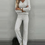 2 Pieces Outfit Button Decor V-Neck Long Sleeve Top and Elastic Waist Straight Leg Pants Set Casual Ribbed Set