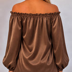 Women's Off Shoulder Satin Frill Trim Tie Front Lantern Sleeve Top
