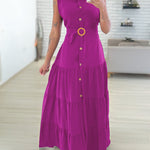Turn-down Collar Sleeveless Button Front Dress Casual Belted Slit Ruched Maxi Dress