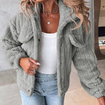Textured Striped Turn-down Collar Button Front Elastic Cuff and Hem Teddy Fleece Jacket With Decorative Flap Pockets