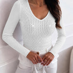 Women's V Neck Rhinestone Top Long Sleeve Ribbed Knit Tee Slim Fit Pullover Casual Base Layering Top