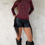 Women's Rhinestone Mesh Long Sleeve Top Mock Neck Sparkle Slim Fit Tee