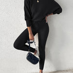 2 Pieces Outfit Skew Neck Long Sleeve Loose Pullover Top and Drawstring High Waist Slim Fit Pants Set