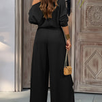 2 Pieces Outfit Cold Shoulder Ruched Batwing Sleeve Top and Casual Elastic Back Wrapped Slit Wide Leg Pants Set