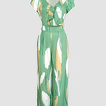 2 Pieces Outfit V Neck Petal Sleeve Tie Front Shirred Back Hem Crop Top and High Waist Elastic Back Waist Wide Leg Pants Set Casual Colorblock Abstract Print Set