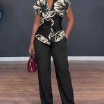 Women's 2 Piece Outfit Floral Print Twist Front V Neck Top and High Waist Wide Leg Pants Set