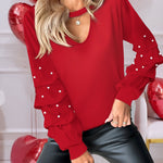 Keyhole Neck Long Sleeve Pullover Top Beaded Hollow Out Blouse Top