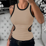 Women's Ribbed Contrast Trim Tank Top Sleeveless Crew Neck Cutout Slim Fit Stretch Casual Top