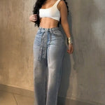 Allover Rhinestone Decor High Waist Zipper Fly Jeans Casual Flared Denim Pants with Rhinestone Decor Belt
