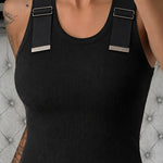 Women's Ribbed Knit Tank Top Adjustable Buckle Strap Side Ruched Knit Top Curved Hem Slim Fit Vest