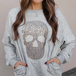 Women's Rhinestone Skull Graphic Loose Sweatshirt Drop Shoulder Crewneck Pullover Top