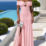 Women's Off-Shoulder Evening Gown Ruched Side Slit Hollow Out Maxi Dress Elegant Mermaid Bodycon Formal Party Dress