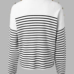 Women's Striped Knit Top Notch Neck Gold Button Drop Shoulder Long Sleeve Sweater