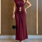Women's Boat Neck Ruched Maxi Dress Gold Buckle Cap Sleeve Formal Evening Gown