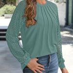 Contrast Lace Round Neck Lantern Sleeve Ruched Blouse Elegant Shirt
