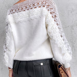 Crewneck Guipure Lace Long Sleeve Hollow Out Knit Sweaters Pullover Tops