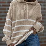 Women's Striped Henley Drawstring Hooded Sweater Loose Fit Lantern Sleeve Knit Pullover