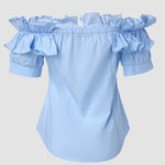 Ruffles Off Shoulder Short Sleeve Button Front Blouse Asymmetrical Hem Top