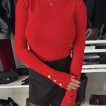Mock Neck Long Sleeve Button Detail Tee Slim Fit Pullover Top
