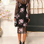 Women's 2 Piece Set Floral Print Mesh Midi Dress Rhinestone Sheer Long Sleeve Bodycon Dress with Cami Slip Dress