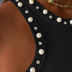 Women's Pearls Rhinestone Knit Racerback Tank Top Ribbed Crewneck Sleeveless Top
