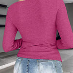 Chicme Built In Bra Notch Neck Long Sleeve Shirts Rib Knit Ruched Waist Top
