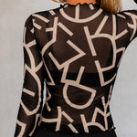 Women's Sheer Mesh Letter Print Mock Neck Frill Trim Long Sleeve Top