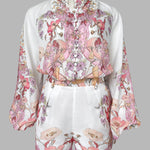 2 Pieces Outfit Floral Placement Print Stand Collar Button Button Front Lantern Sleeve Top and Casual Elastic Back Waist Shorts Set with Belt
