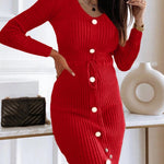 Button Decor V-Neck Long Sleeve Knit Bodycon Dress Drawstring Waist Ribbed Mini Dress