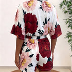 Women's Bohemian Floral Print V-Neck Romper Batwing Sleeve Wrap Knot Side High Waist Short Jumpsuit