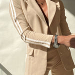 2 Pieces Outfit Notched Collar Long Sleeve Flap Detail Coat and Elastic Back Waist Side Slit Straight Leg Pants Set Casual Contrast Side Striped Blazer Set