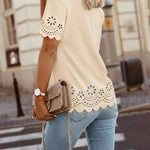 Round Neck Short Sleeve Eyelet Embroidery Tee Casual Scallop Trim Top
