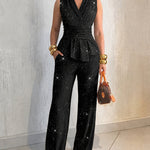 Women's 2 Piece Glitter Outfits Sleeveless Wrap V Neck Ruffle Hem Top and Wide Leg Pants Set