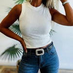 Rhinestone Decor O-neck Sleeveless Knit Tee Slim Fit Tank Top
