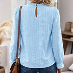 Women's French Style Eyelet Embroidery Blouse Elegant Frill Hem Stand Collar Puff Sleeve Top Lace Patchwork Shirt