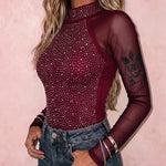 Women's Rhinestone Mesh Long Sleeve Top Mock Neck Sparkle Slim Fit Tee