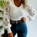 Women's V Neck Knit Top Lace Lantern Long Sleeve Pullover Ribbed Slim Fit Casual Sweater