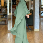 2 Pieces Outfit High Neck Hollow-out Back Ruffles High-Low Hem Cape and Casual Elastic Back Waist Wide Leg Pants Set