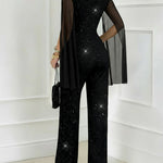 Glitter Mock Neck Sheer Chiffon Cloak Sleeve Overalls Casual Zipper Back Jumpsuit