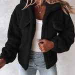 Textured Striped Turn-down Collar Button Front Elastic Cuff and Hem Teddy Fleece Jacket With Decorative Flap Pockets