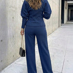 Women's 2 Piece Set V-Neck Cinched Waist Gigot Sleeve Top and High Waist Wide Leg Pants Elegant Set