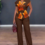 Women's Two Piece Outfit Vintage Floral Twist Front Top and Straight Leg Pants Set