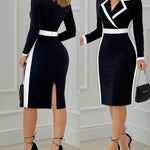 Contrast Paneled Notched Collar Overlap V-Neck Slit Back Blazer Dress Cinched Waist Zipper Back Commuting Dress