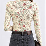 Women's Vintage Floral Print Long Sleeve Top Slim Fit Tee with Thumb Holes