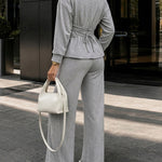 Women's 2 Piece Sweatsuit Set Long Sleeve Back Lace Up Pullover and High Waist Wide Leg Pants Lounge Tracksuit with Pockets