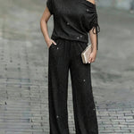 Women's Two-Piece Rhinestone Lounge Suit Skew Neck Top and Wide-Leg Pant Set Elegant Commuter Outfit with Pockets