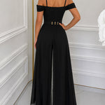 Women's Pearls Decor Adjustable Straps Cold Shoulder Overalls Cowl Neck High Waist Jumpsuit with Belt