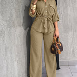 2 Pieces Outfit Vintage Turn-down Collar Roll Up Sleeve Button Front Flap Pocket Design Waist Drawstring Top and Elastic Waist Wide Leg Pants Set Casual Textured Commuting Set