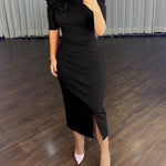 3D Flower Decor Round Neck Puff Sleeve Bodycon Dress Casual Ruched Slit Zipper Back Work Dress